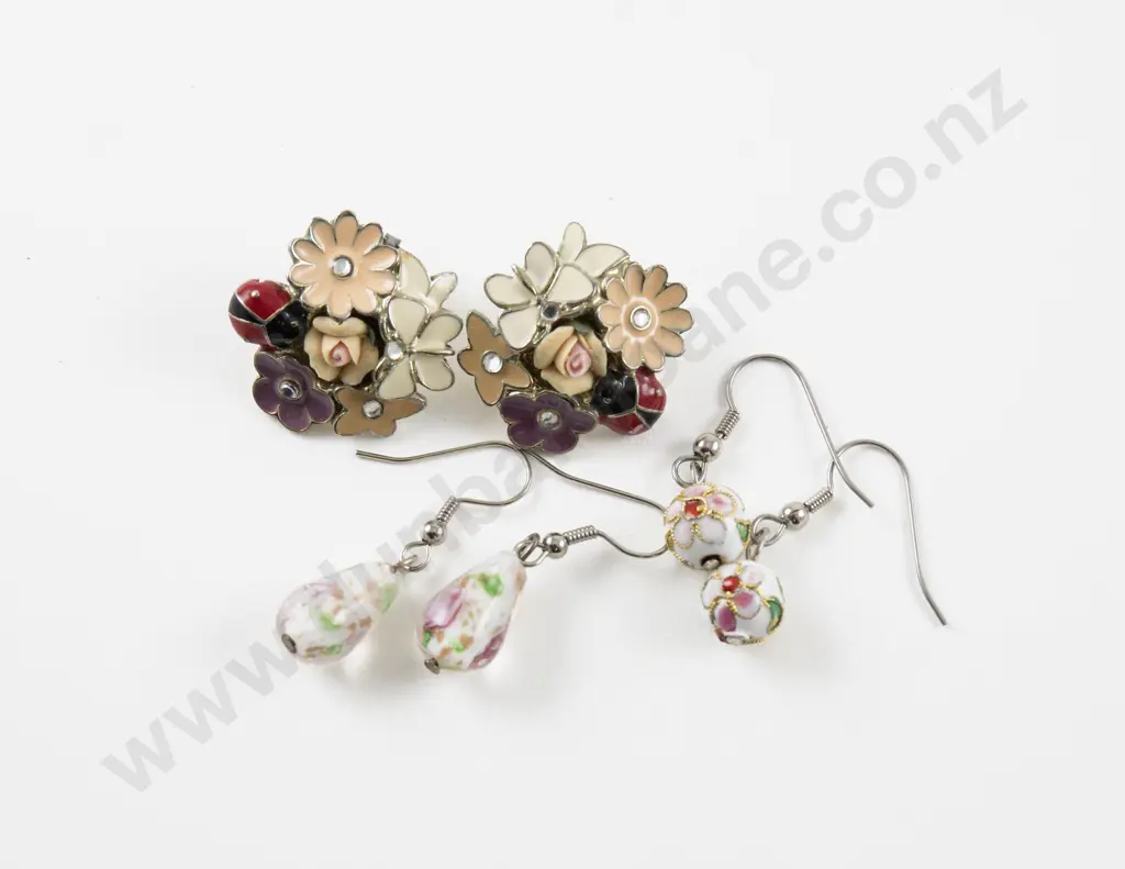 Pair Enamel 'Garden Cluster' Stud Earrings with Vintage Cloisonne Bead Pendant Drop Earrings and Other Image 1++
