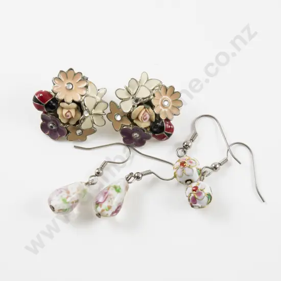 Pair Enamel 'Garden Cluster' Stud Earrings with Vintage Cloisonne Bead Pendant Drop Earrings and Other