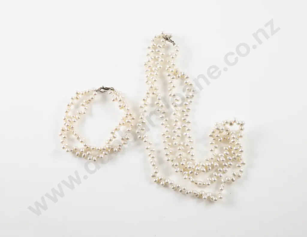 Double Strand Uniform Fresh Water Pearl Necklace with Matching Bracelet Image 1++