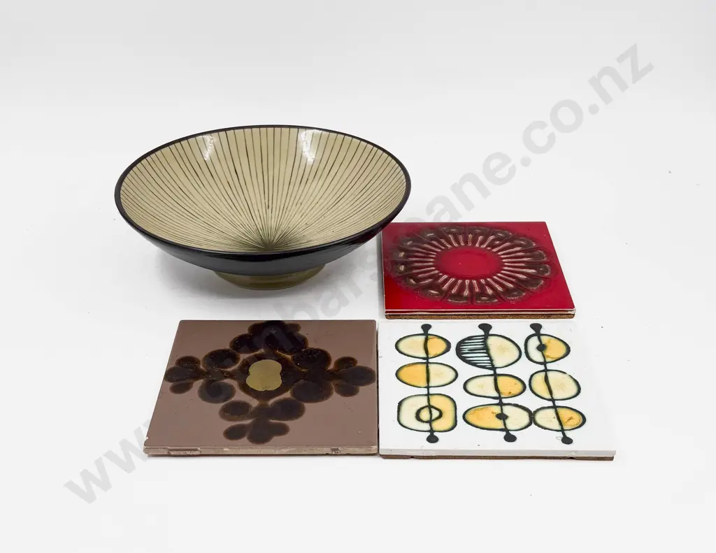 Three Vintage Decorative Tiles Together with Japanese Pedestal Bowl Image 1++