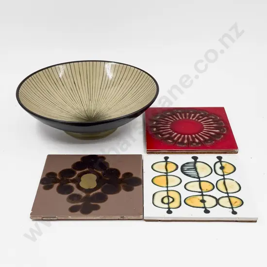 Three Vintage Decorative Tiles Together with Japanese Pedestal Bowl