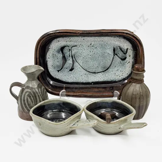 Pair of Mirek Smisek Handled Soup Bowls with Assorted NZ Pottery