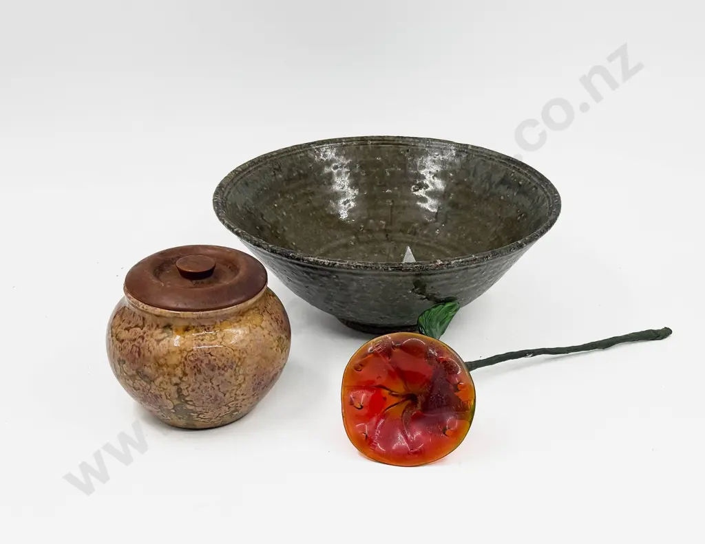 NZ Pottery Pedestal Bowl with Art Glass Flower Ornament and Pottery Tile Work etc Image 1++