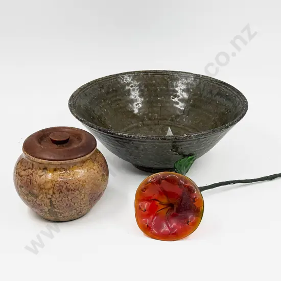 NZ Pottery Pedestal Bowl with Art Glass Flower Ornament and Pottery Tile Work etc
