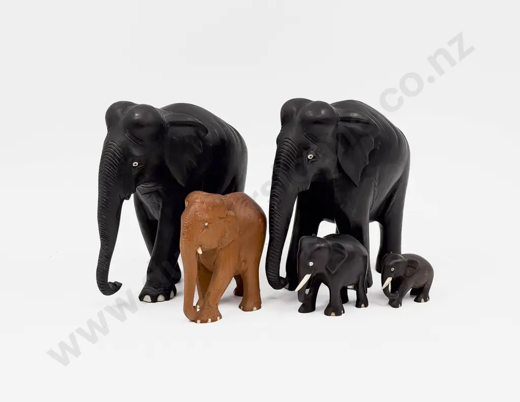 Four Ebony Elephants Together with Associated Elephant Ornament Image 1++