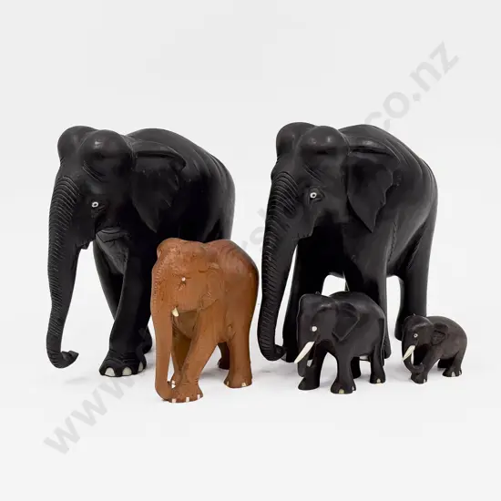 Four Ebony Elephants Together with Associated Elephant Ornament
