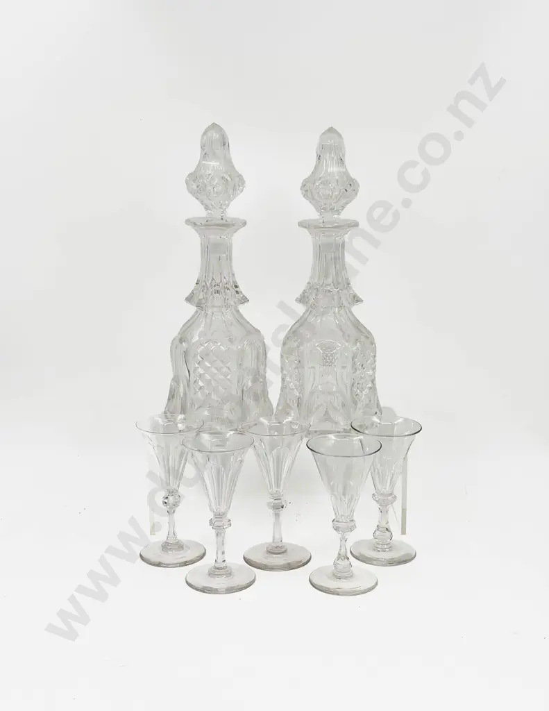A Pair of Late Victorian Glass Decanters with Five Antique Sherry Glasses Image 1++