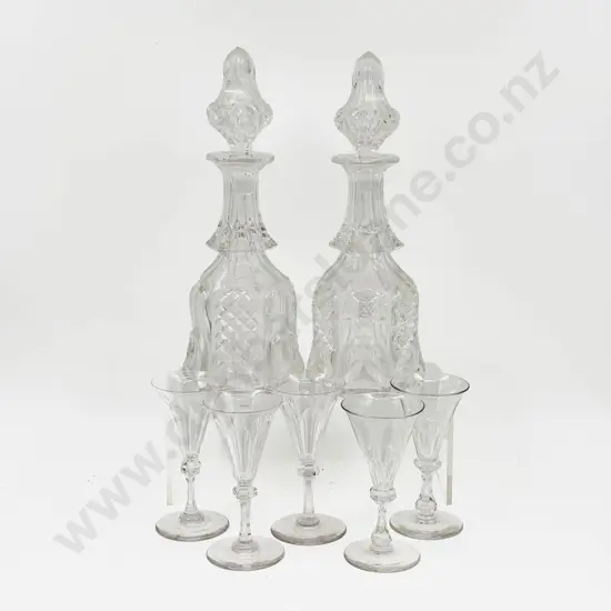 A Pair of Late Victorian Glass Decanters with Five Antique Sherry Glasses