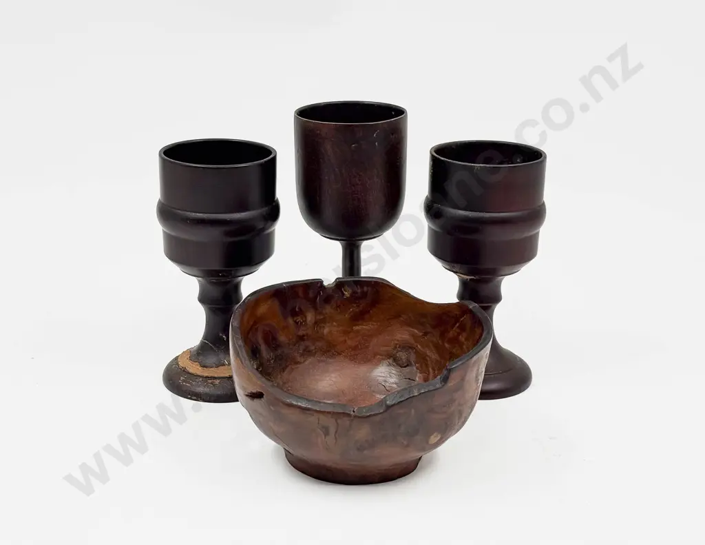 C. Stevens Natural Form Mottled Turned Wood Bowl & Three Various Treen Goblets Image 1++