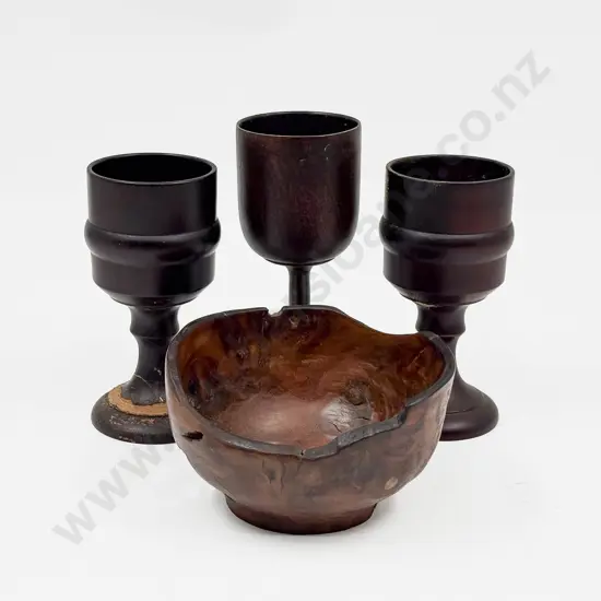 C. Stevens Natural Form Mottled Turned Wood Bowl & Three Various Treen Goblets