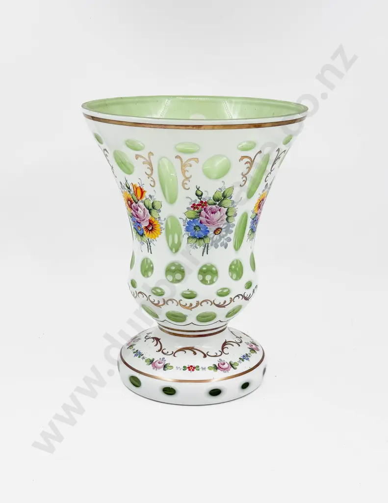 Large Bohemian Hand Painted White Overlay Cut-to-Green Glass Trumpet Shaped Vase Image 1++