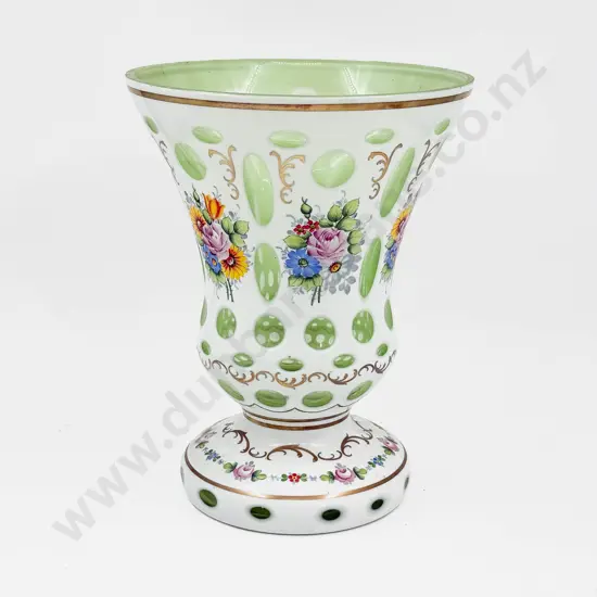 Large Bohemian Hand Painted White Overlay Cut-to-Green Glass Trumpet Shaped Vase