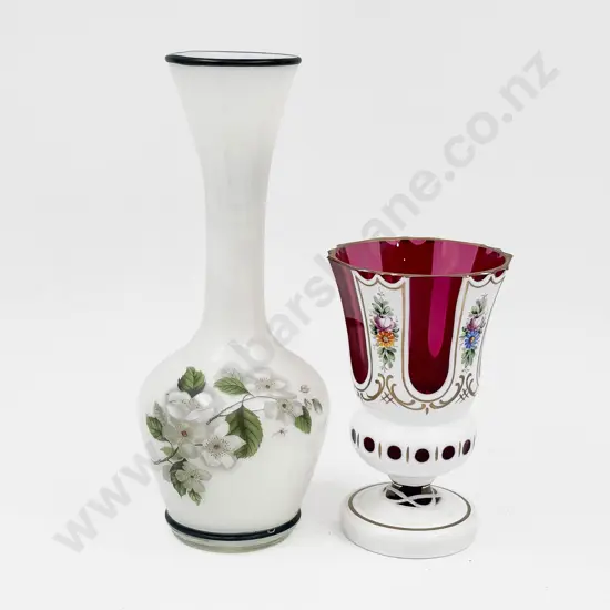Small Red Flashed Bohemian Vase & Other Opaque Glass Vase