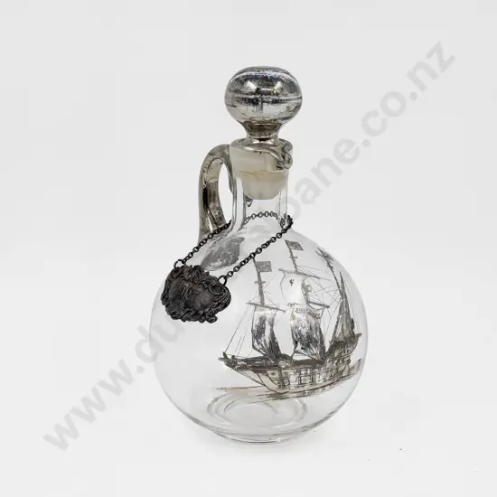 Stoppered Glass Ewer with Nautical Theme Overlay & Plated Decanter Label