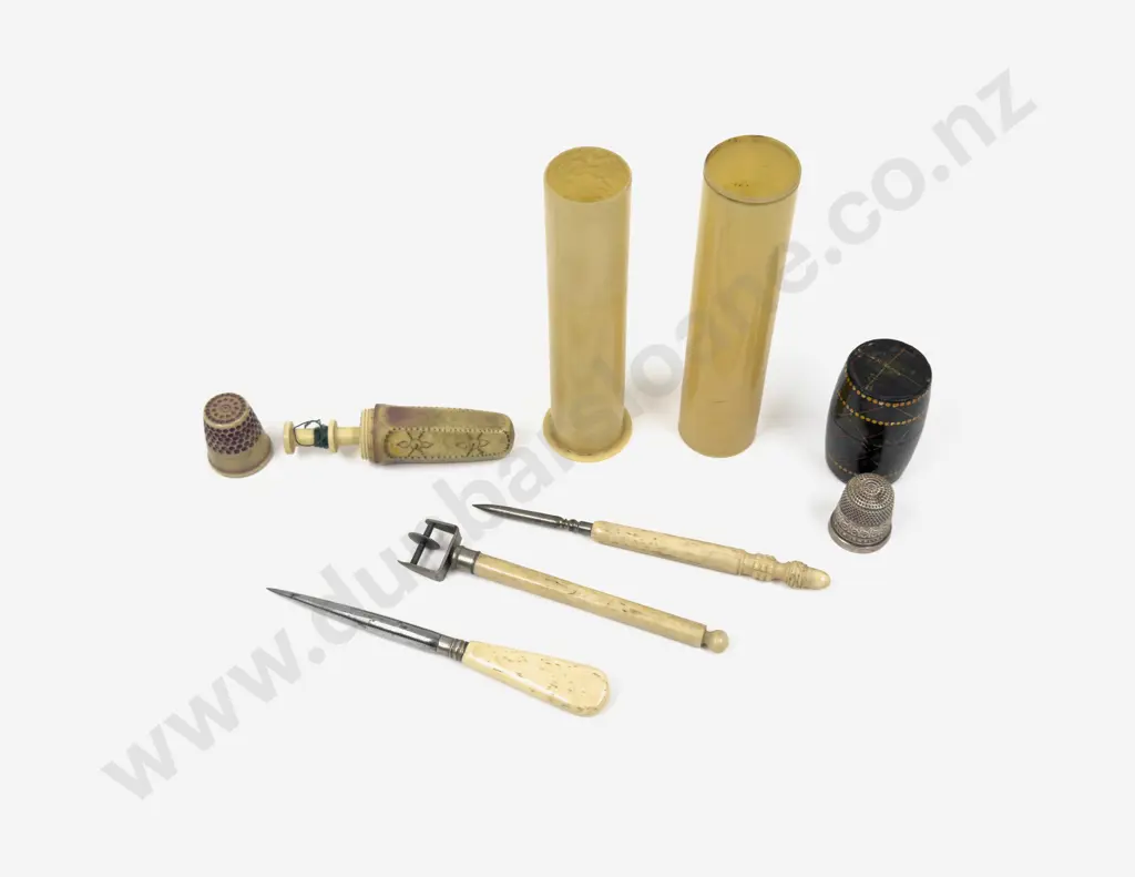 Cased Set of Ivory Handled Manicure Implements together with Cased S/S Thimble & Casein Sewing Kit Image 1++