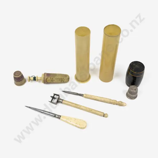 Cased Set of Ivory Handled Manicure Implements together with Cased S/S Thimble & Casein Sewing Kit
