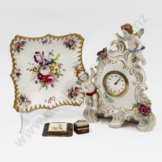 A Capodemonte China Clock together with Hammersley Shallow Dish & Pill Box etc