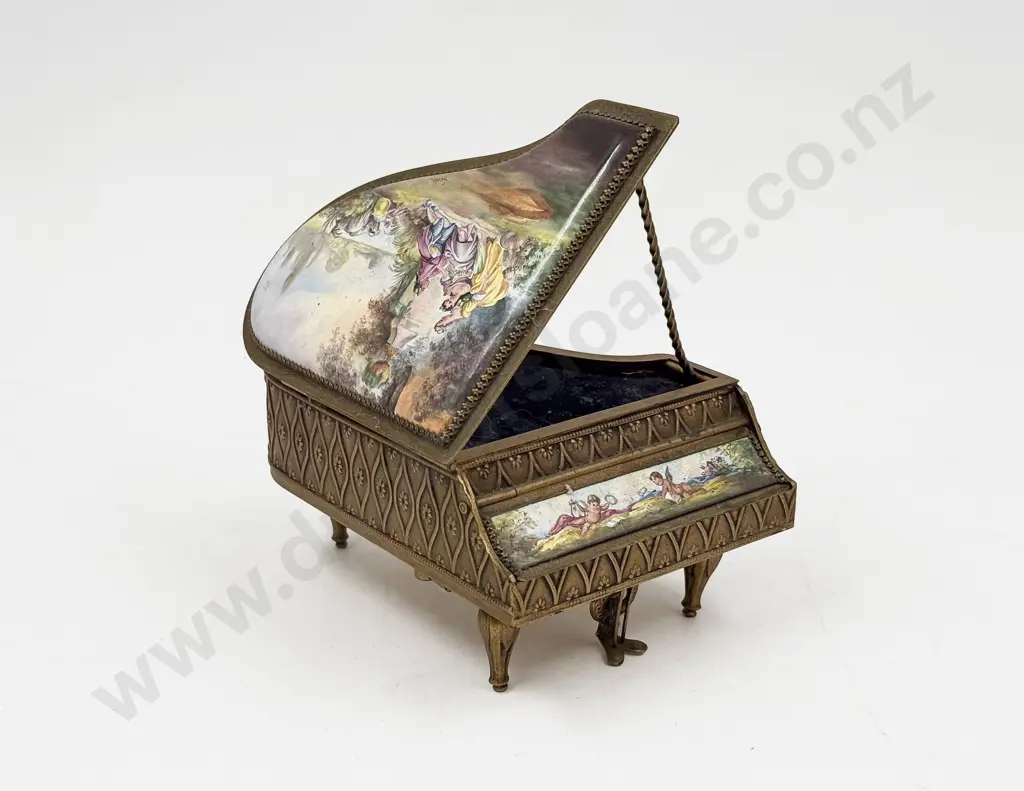 German Brass & Ceramic Grand Piano Form Musical Jewellery Box Image 1++