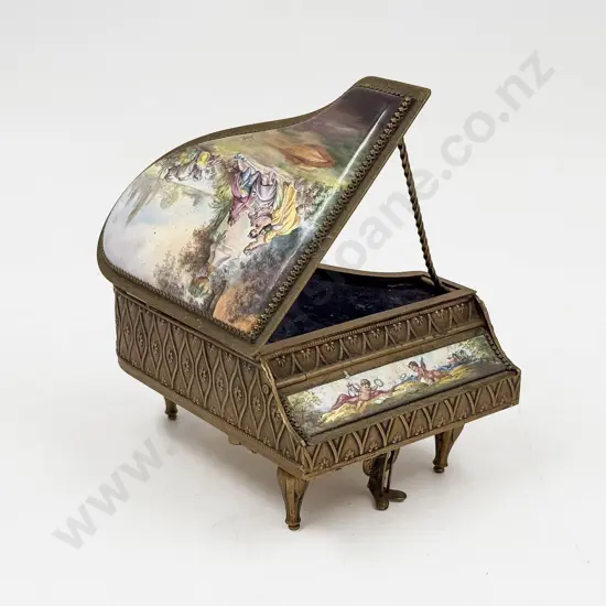 German Brass & Ceramic Grand Piano Form Musical Jewellery Box