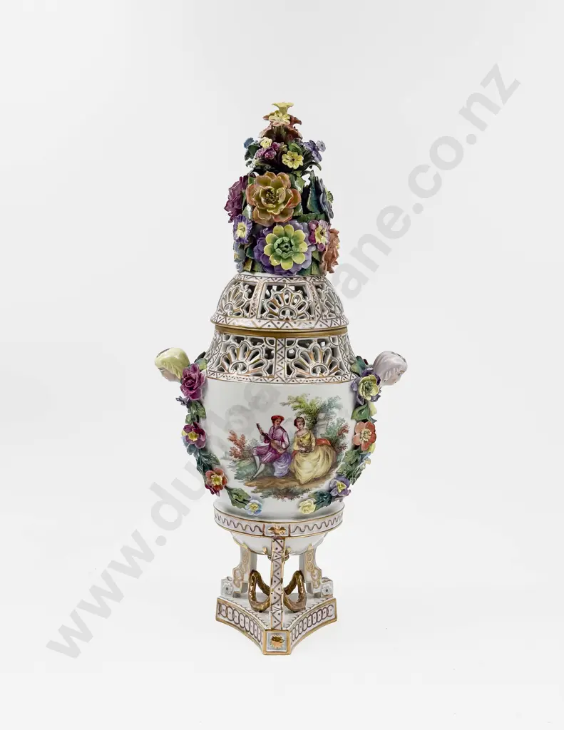 A Dresden Pierced & Floral Decorated Lidded Vase Image 1++