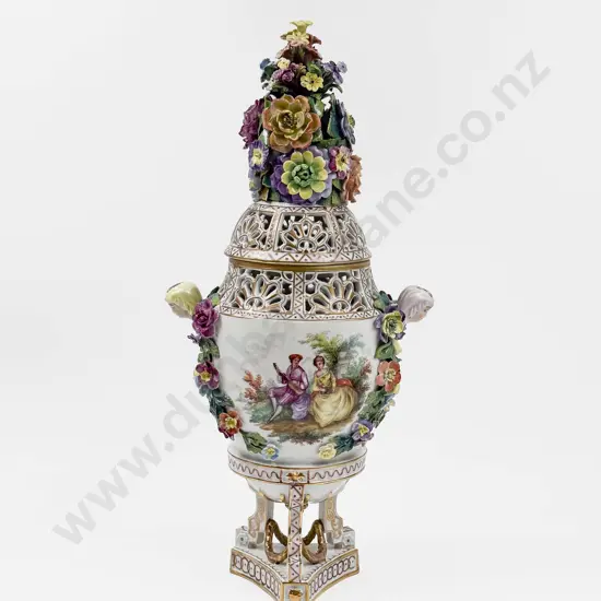A Dresden Pierced & Floral Decorated Lidded Vase