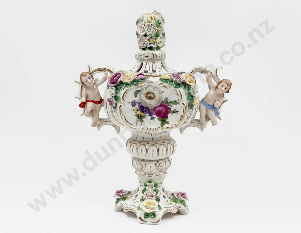A Dresden Pierced & Floral Decorated Lidded Vase Image 1++