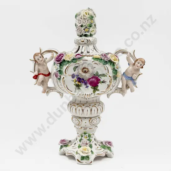 A Dresden Pierced & Floral Decorated Lidded Vase