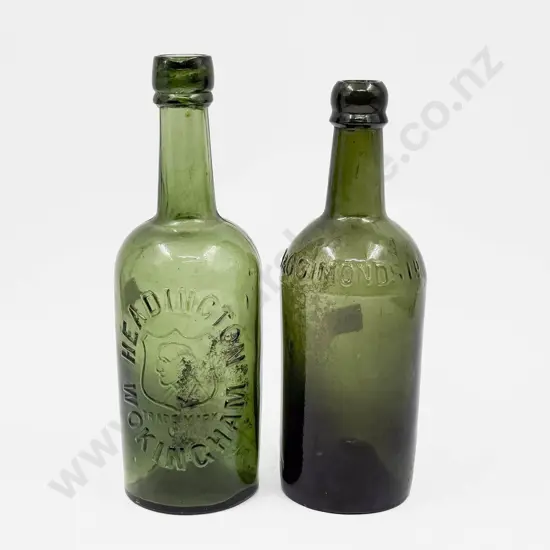 Two Vintage Green Glass Bottles
