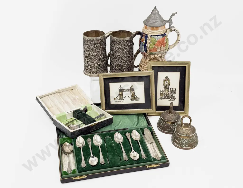 Box Qty of Assorted Including Cutlery with Steins and Pair of Small L Kersh Mixed Media Art Works Image 1++