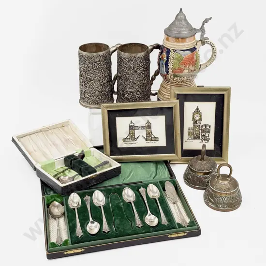 Box Qty of Assorted Including Cutlery with Steins and Pair of Small L Kersh Mixed Media Art Works