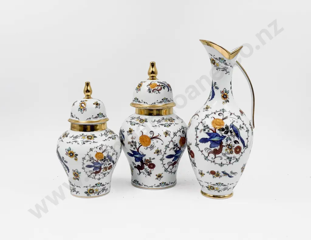 Graduated Pair of German Floral Decorated Lidded Vases Together with Matching Jug Image 1++
