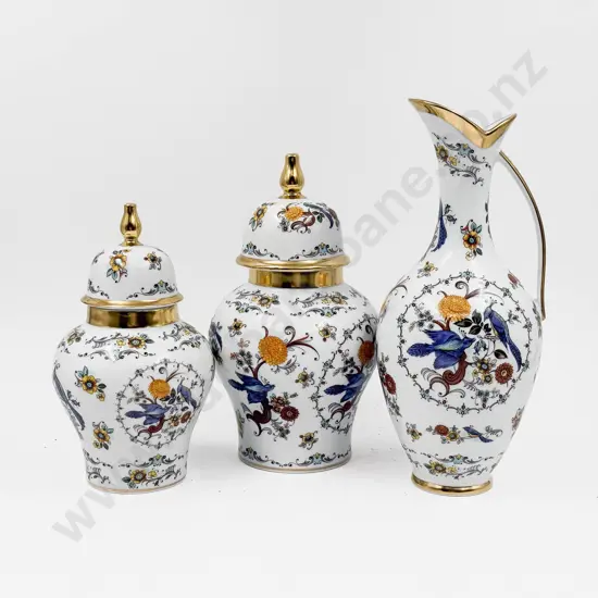 Graduated Pair of German Floral Decorated Lidded Vases Together with Matching Jug