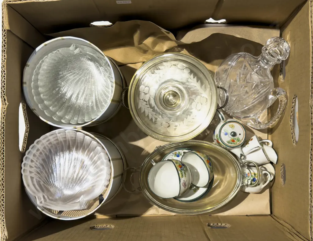 Box Qty of Assorted incl Glass Scallop Form Dishes with China & S/P Image 1++