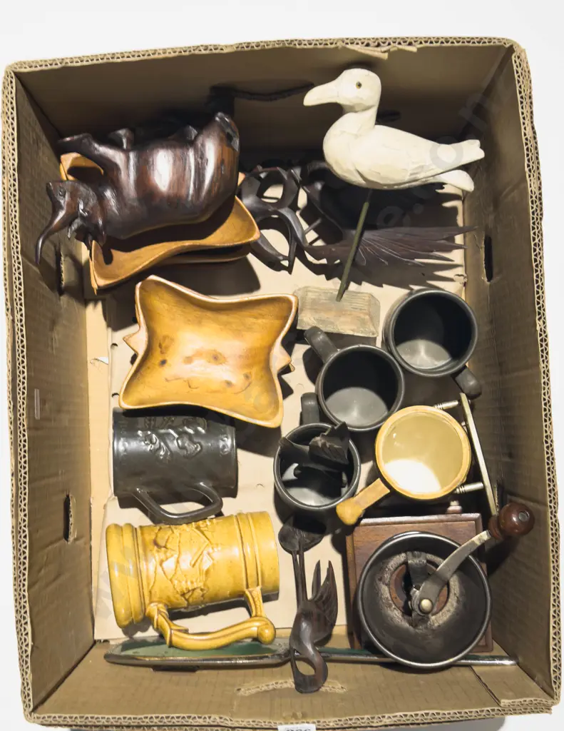Box Qty of Assorted incl Vintage Coffee Grinder Various Steins & Woodware Image 1++
