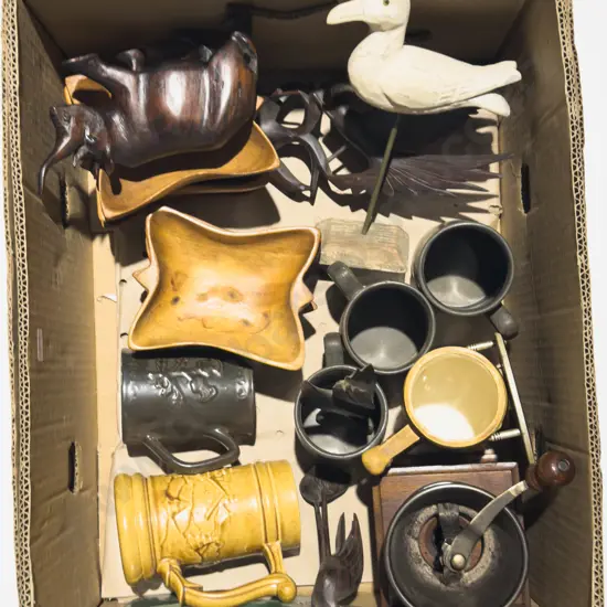 Box Qty of Assorted incl Vintage Coffee Grinder Various Steins & Woodware