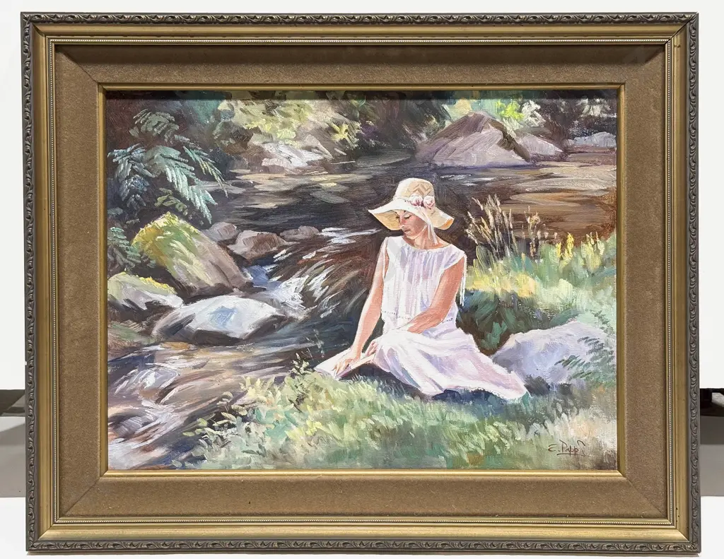 Ernest Papps - Riverside Reading - Oil on Board Image 1++