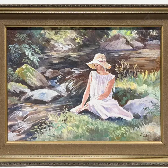 Ernest Papps - Riverside Reading - Oil on Board