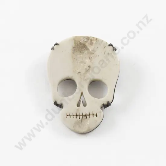 NZ Jeweller Warwick Freeman Hand Carved Bone Skull Brooch