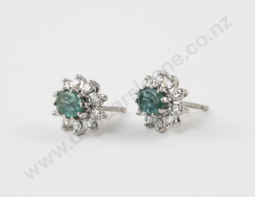 Pair 18ct White Gold Diamond and Emerald Stud Earrings Image 1++
