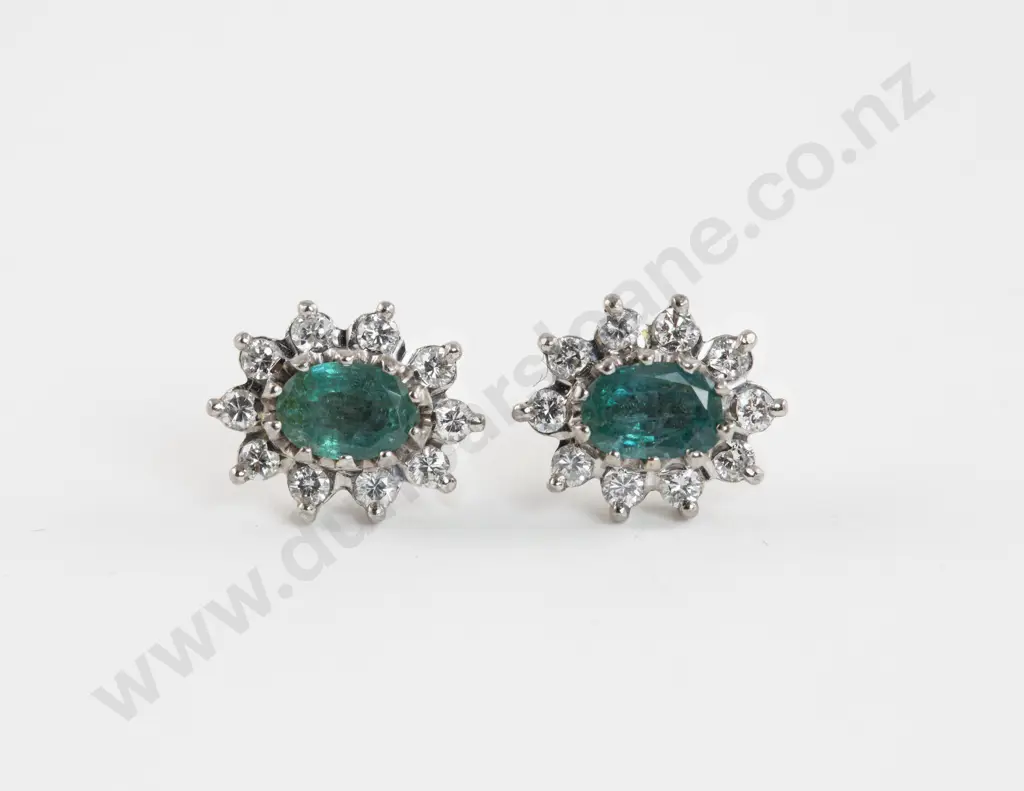 Pair 18ct White Gold Diamond and Emerald Stud Earrings Image 1++