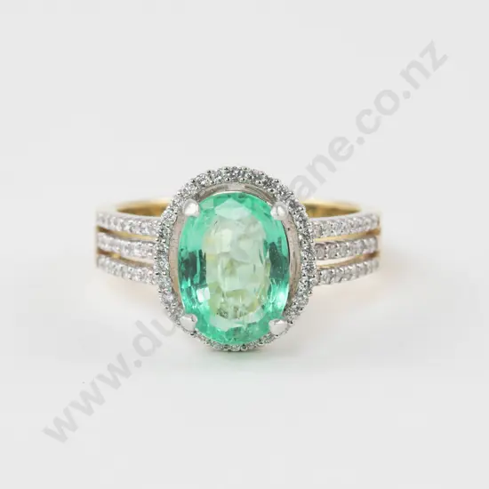 18ct Yellow and White Gold 77Stone Diamond and Emerald Cluster Ring