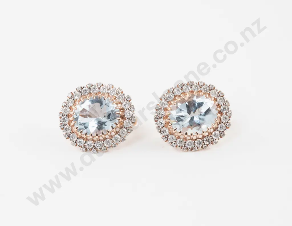 Pair 14ct Rose Gold 41Stone Diamond and Aquamarine Cluster Earrings Image 1++