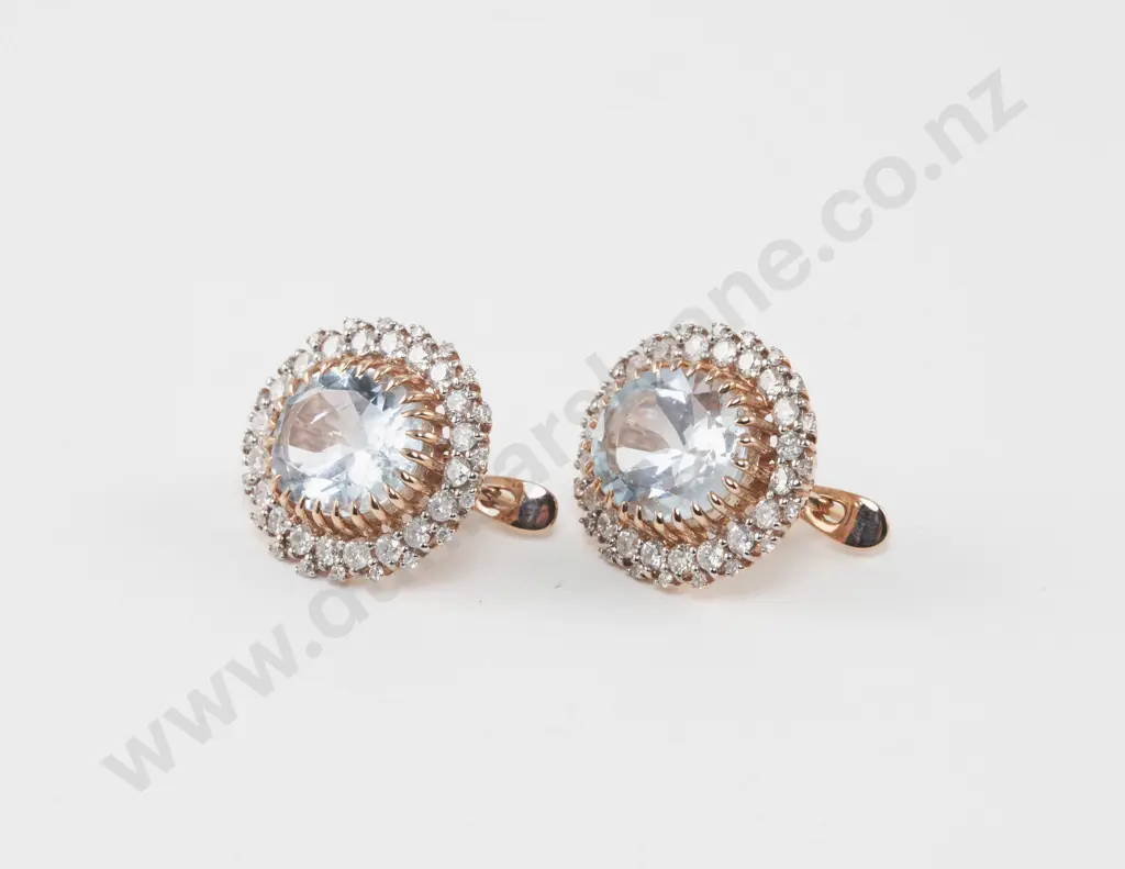 Pair 14ct Rose Gold 41Stone Diamond and Aquamarine Cluster Earrings Image 1++