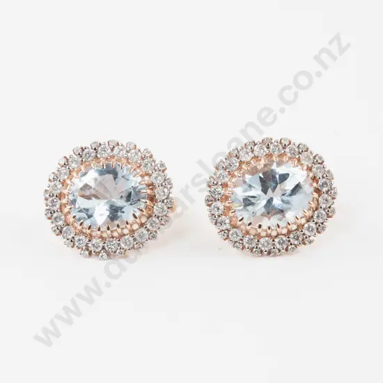 Pair 14ct Rose Gold 41Stone Diamond and Aquamarine Cluster Earrings