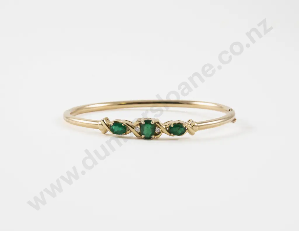 10ct Five Stone Diamond and Emerald Hinged Snap Bangle Image 1++