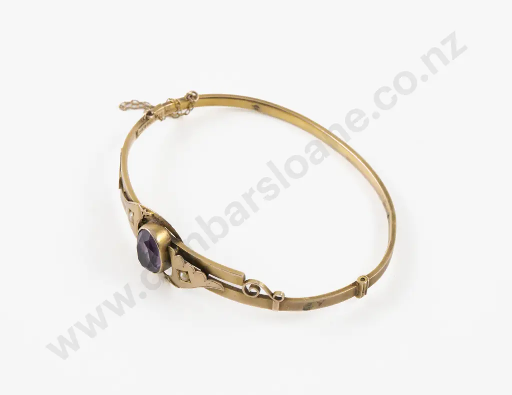 Victorian 9ct Single Stone Amethyst Hinged Snap Bangle Image 1++