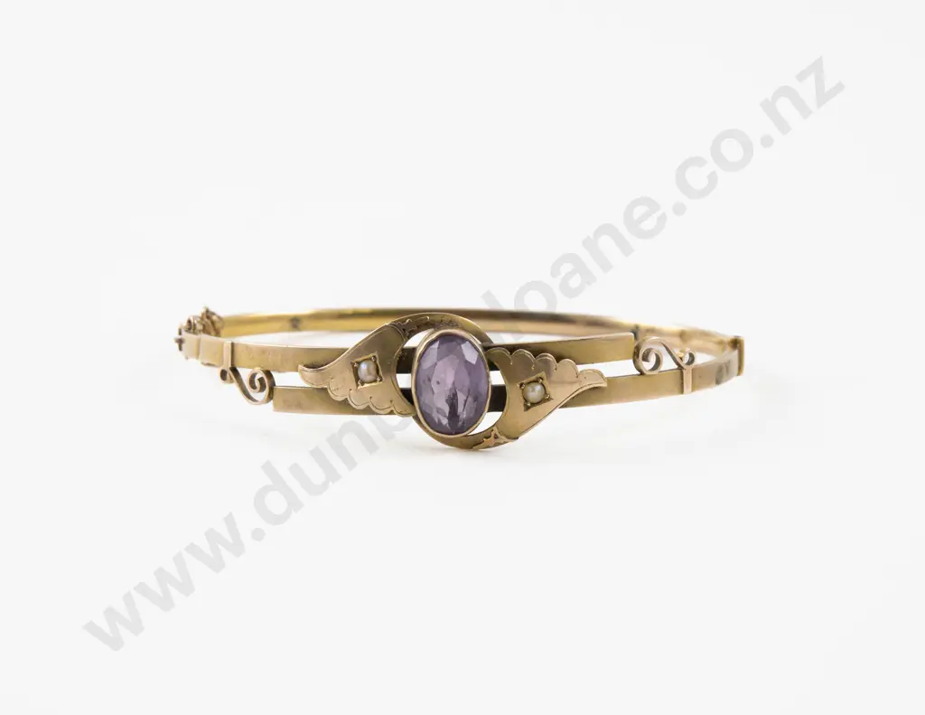 Victorian 9ct Single Stone Amethyst Hinged Snap Bangle Image 1++