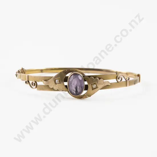 Victorian 9ct Single Stone Amethyst Hinged Snap Bangle