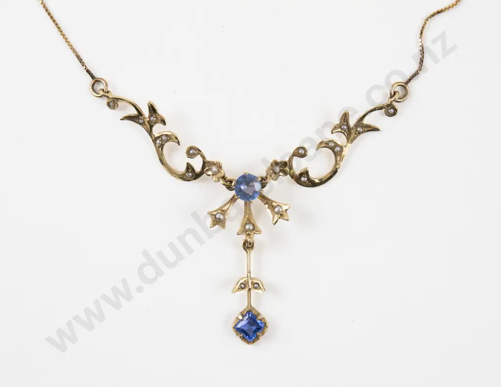 Victorian 14ct 22Stone Sapphire Synthetic Spinel and Seed Pearl Pendant Image 1++