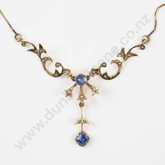 Victorian 14ct 22Stone Sapphire Synthetic Spinel and Seed Pearl Pendant